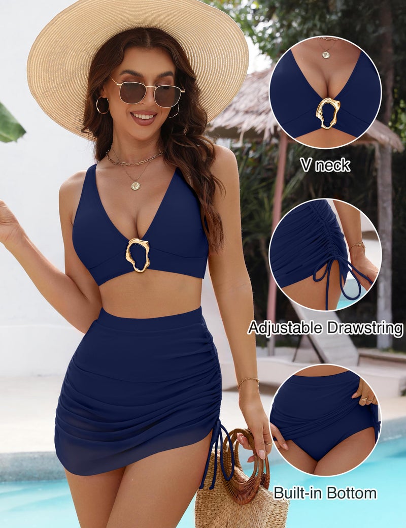 BMJL Women's High Waisted Bikini Sets Retro Swim Skirt Tummy Control Swimsuits Mesh Sarong Wraps Bathing Suits 2025(Navy Blue,L) - Image 4