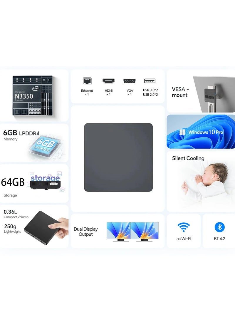 AROAQ M2 Mini PC, 6GB RAM, 64GB EMMC, Intel N3350, Windows 10, Compact and Ideal for Home, Business and Gaming  - Image 1