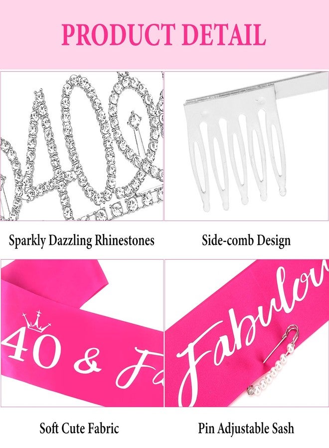 كافتي طقم تاج ووشاح فضي من كافيتي للاحتفال بعيد الميلاد الأربعين للنساء، تاج "أربعون ورائعة" ووشاح وردي فاقع، مثالي لحفلات أعياد الميلاد - Image 2