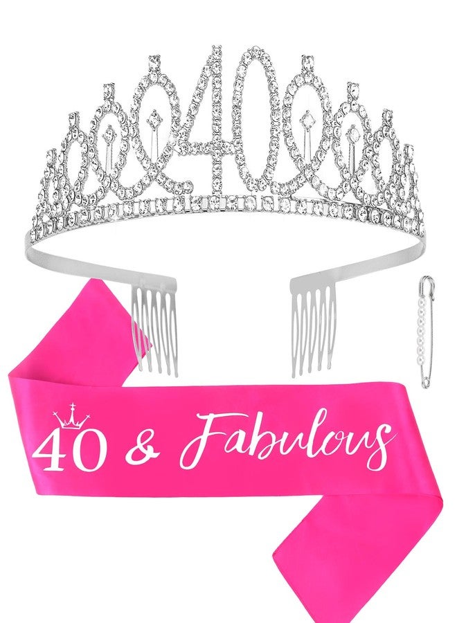 كافتي طقم تاج ووشاح فضي من كافيتي للاحتفال بعيد الميلاد الأربعين للنساء، تاج "أربعون ورائعة" ووشاح وردي فاقع، مثالي لحفلات أعياد الميلاد - Image 1