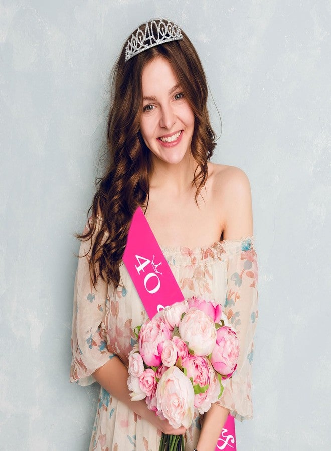 كافتي طقم تاج ووشاح فضي من كافيتي للاحتفال بعيد الميلاد الأربعين للنساء، تاج "أربعون ورائعة" ووشاح وردي فاقع، مثالي لحفلات أعياد الميلاد - Image 5