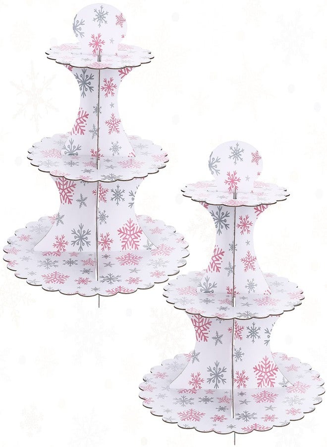 Vesici 2 Set of 3 Tier Pink Snowflake Party Cupcake Stand It's Cold Outside Baby Shower Tier Cardboard Cupcake Tray for Birthday Winter Wonderland Wedding Party Supplies - Image 1