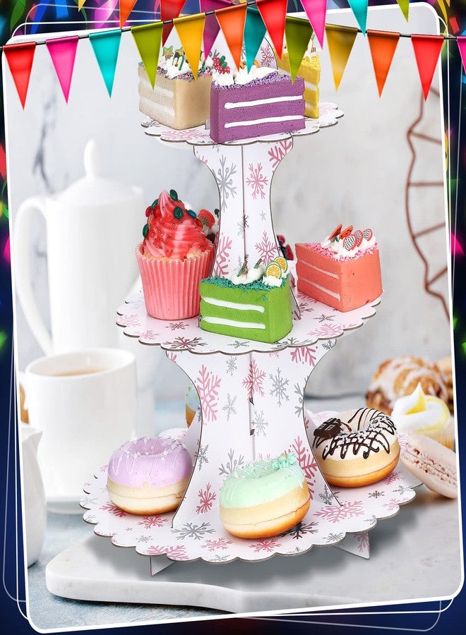 Vesici 2 Set of 3 Tier Pink Snowflake Party Cupcake Stand It's Cold Outside Baby Shower Tier Cardboard Cupcake Tray for Birthday Winter Wonderland Wedding Party Supplies - Image 4