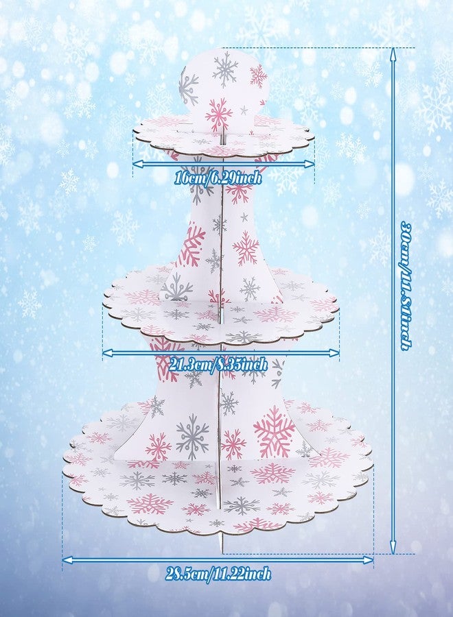 Vesici 2 Set of 3 Tier Pink Snowflake Party Cupcake Stand It's Cold Outside Baby Shower Tier Cardboard Cupcake Tray for Birthday Winter Wonderland Wedding Party Supplies - Image 2