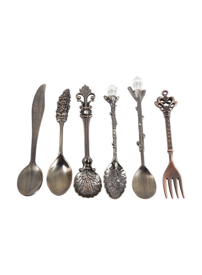 Fdit 6Pcs/Set Flatware Vintage Spoon Dessert Coffee Mixing Spoon Teaspoon Ice Cream Spoon Fruit Fork Royal Style Metal Mini Carved Tableware Fruit Spoon For Kitchen Dining Bar Sweet Snacks(Antique Brass) - Image 1
