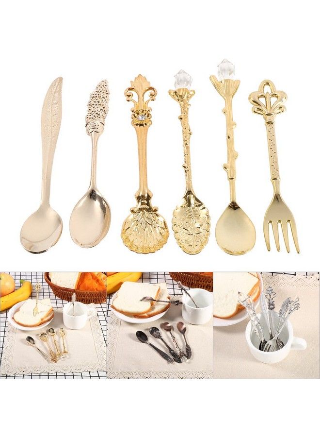 Fdit 6Pcs/Set Flatware Vintage Spoon Dessert Coffee Mixing Spoon Teaspoon Ice Cream Spoon Fruit Fork Royal Style Metal Mini Carved Tableware Fruit Spoon For Kitchen Dining Bar Sweet Snacks(Antique Brass) - Image 4
