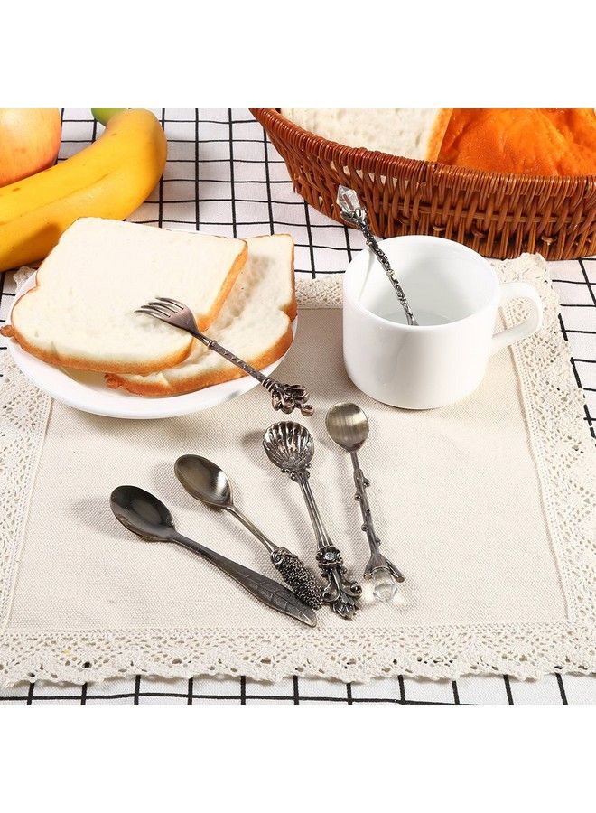 Fdit 6Pcs/Set Flatware Vintage Spoon Dessert Coffee Mixing Spoon Teaspoon Ice Cream Spoon Fruit Fork Royal Style Metal Mini Carved Tableware Fruit Spoon For Kitchen Dining Bar Sweet Snacks(Antique Brass) - Image 5