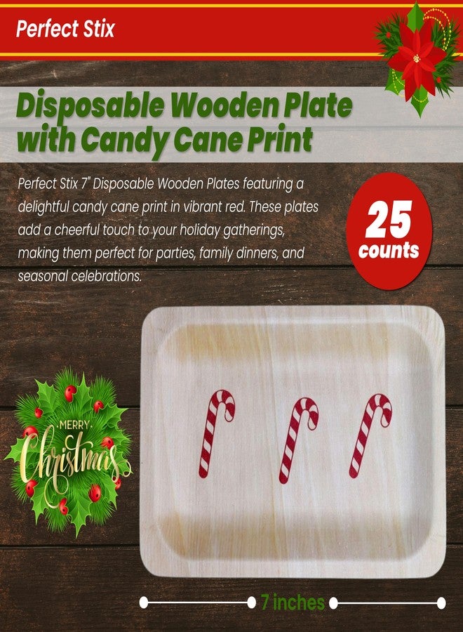 Perfect Stix 7" Disposable Wooden Plate with Candy Cane Print - Pack of 25ct - Image 2