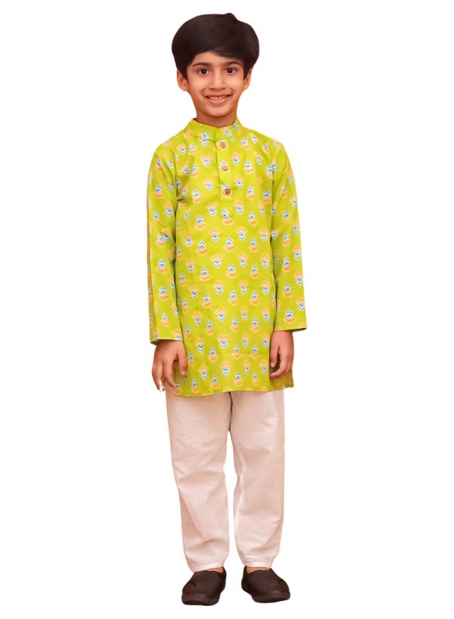 AJ DEZINES Kids Cotton Full Sleeve Floral Printed Green Kurta Pajama Set for Boys - Ethnic wear | Special Occasion & Traditional Outfit |Boys Kurta Set - Regular Fit (1296-GREEN-9-10Y-9) - Image 1