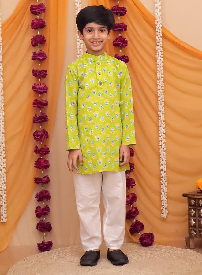 AJ DEZINES Kids Cotton Full Sleeve Floral Printed Green Kurta Pajama Set for Boys - Ethnic wear | Special Occasion & Traditional Outfit |Boys Kurta Set - Regular Fit (1296-GREEN-9-10Y-9) - Image 2