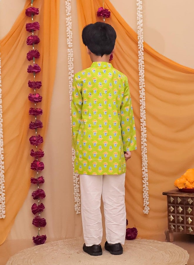 AJ DEZINES Kids Cotton Full Sleeve Floral Printed Green Kurta Pajama Set for Boys - Ethnic wear | Special Occasion & Traditional Outfit |Boys Kurta Set - Regular Fit (1296-GREEN-9-10Y-9) - Image 3