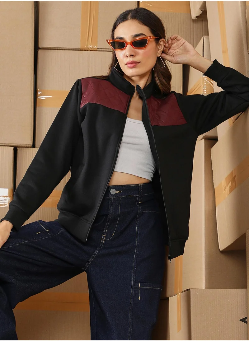 Campus Sutra Women's Mocha Brown & Onyx Black Zip-Front Block Jacket
