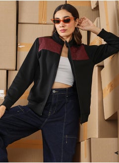 Campus Sutra Women's Mocha Brown & Onyx Black Zip-Front Block Jacket  - Image 1