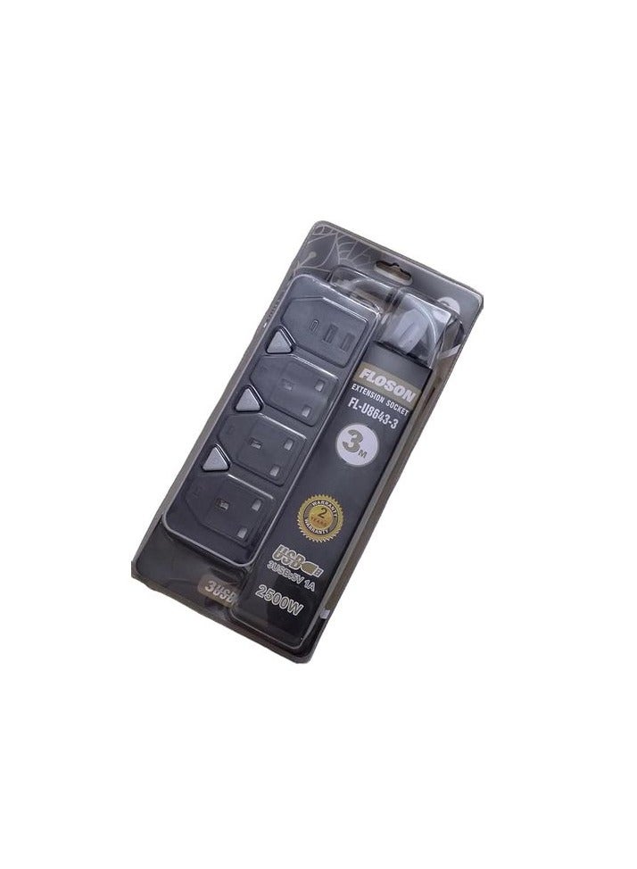 Electricity Subscriber - 3 Ports - 2Usb -1 Type C  Max 2500w- Black - Image 2