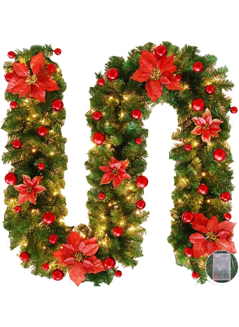 Christmas Garland Decoration 8.8 ft Christmas Rattan Christmas Artificial Flower Vine Plants Green Rattan with Red Flower Decorations and Battery Operated LED Lights - Image 1