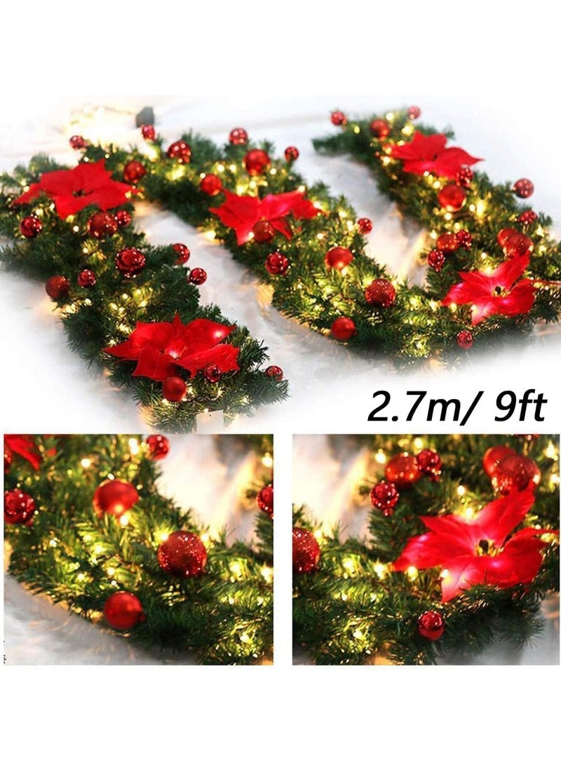 Christmas Garland Decoration 8.8 ft Christmas Rattan Christmas Artificial Flower Vine Plants Green Rattan with Red Flower Decorations and Battery Operated LED Lights - Image 3
