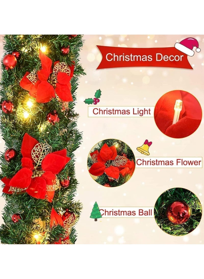 Christmas Garland Decoration 8.8 ft Christmas Rattan Christmas Artificial Flower Vine Plants Green Rattan with Red Flower Decorations and Battery Operated LED Lights - Image 2