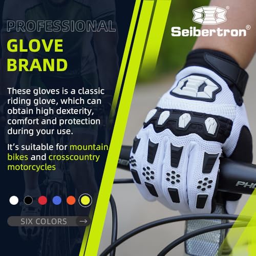 Seibertron Unisex MX ATV MTB Racing Gloves - Full Finger Touchscreen Glove for Bicycle Cycling Mountain Biking Motorcycle and Motocross White S - Image 2