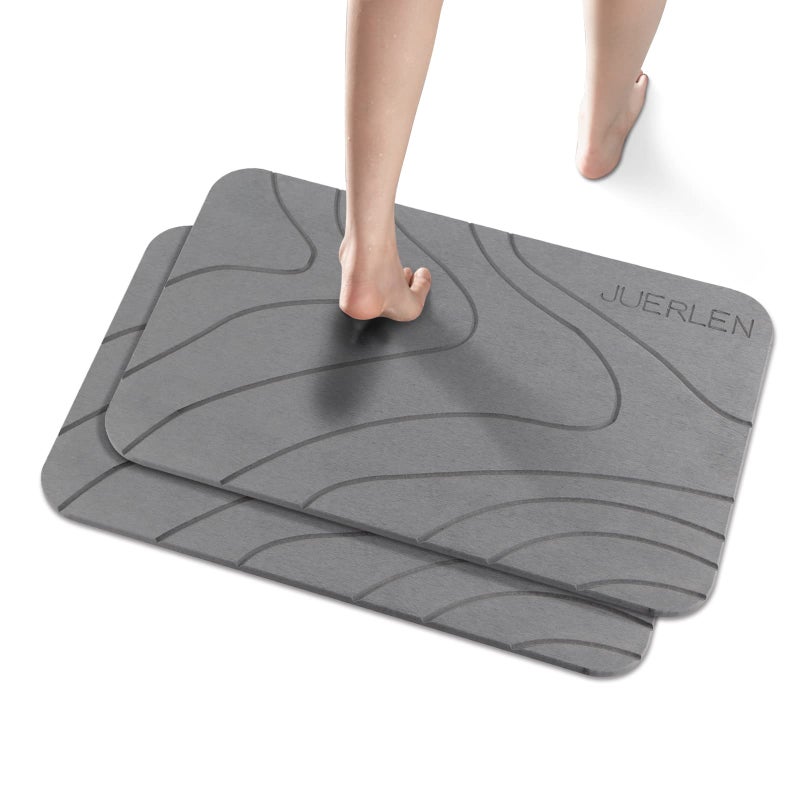 JUERLEN 2 Pack Diatomaceous Earth Shower Mat Stone Bath Mat Nonslip Super Absorbent FastDrying Hard Bath Mat for Bathroom Shower Floor 24 x 16 inch Grey Wave Design
