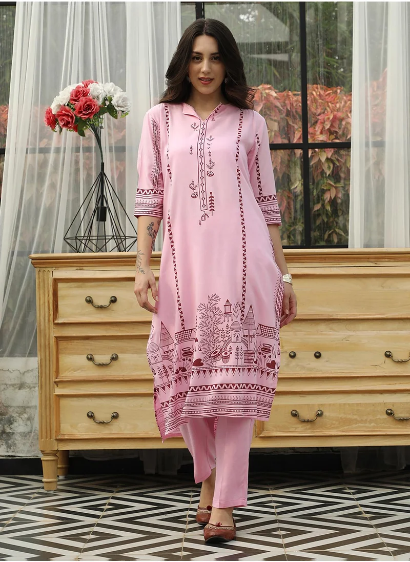 QISSA Women's Blush Pink Landscape Block Kurta With Blush Pink With Trousers Set