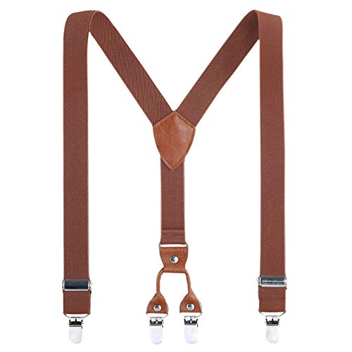 AWAYTR Kids Child Men Boy Suspenders - Adjustable Elastic Solid Color 4 Strong Clips Braces (Brown, 25Inches (6 Years to 9 Years)) - Image 1
