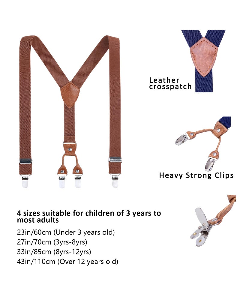 AWAYTR Kids Child Men Boy Suspenders - Adjustable Elastic Solid Color 4 Strong Clips Braces (Brown, 25Inches (6 Years to 9 Years)) - Image 2