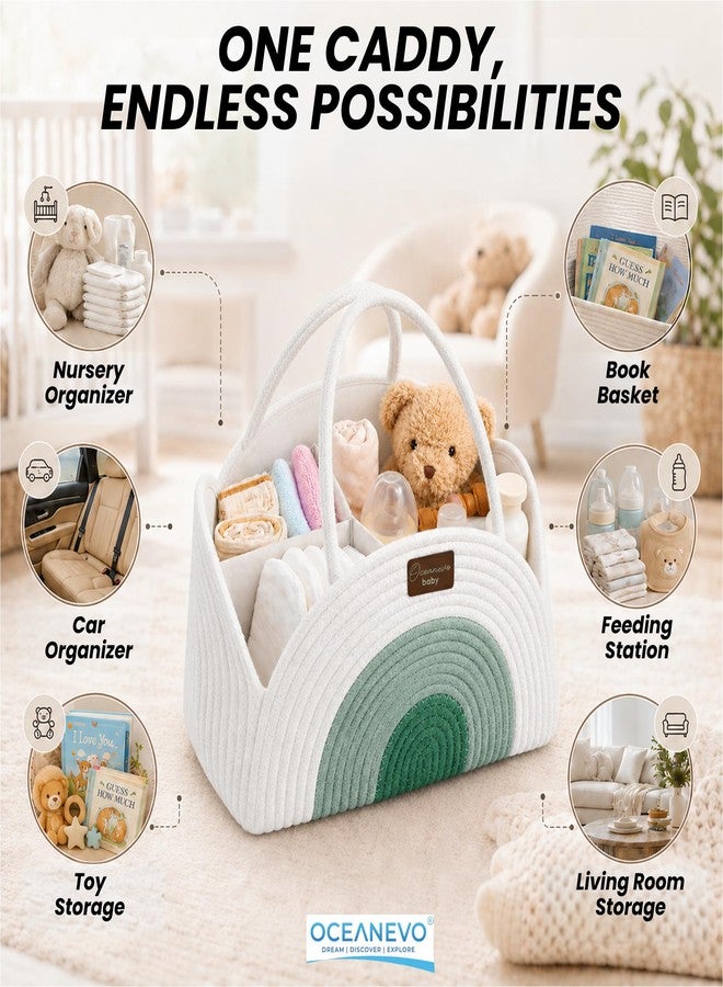 OCEANEVO Diaper Caddy Organizer Bag WITH Luggage Tag | New Born Baby Essentials Storage Cotton Rope Basket with Compartments | For Mothers for Travel - 34 x 28 x 22 Cm - Green - 1 Year Warranty - Image 4