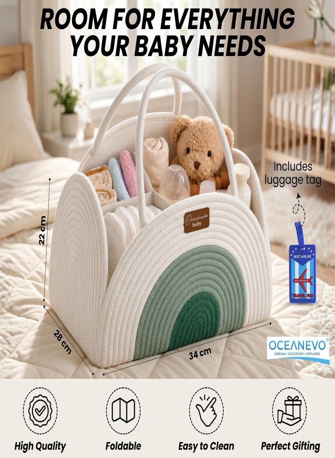 OCEANEVO Diaper Caddy Organizer Bag WITH Luggage Tag | New Born Baby Essentials Storage Cotton Rope Basket with Compartments | For Mothers for Travel - 34 x 28 x 22 Cm - Green - 1 Year Warranty - Image 2
