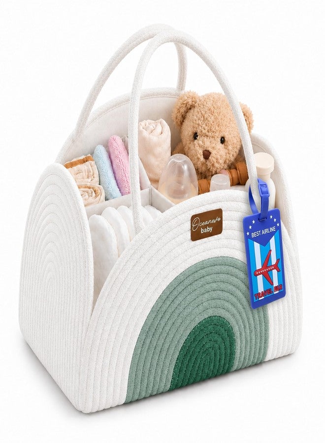 OCEANEVO Diaper Caddy Organizer Bag WITH Luggage Tag | New Born Baby Essentials Storage Cotton Rope Basket with Compartments | For Mothers for Travel - 34 x 28 x 22 Cm - Green - 1 Year Warranty - Image 1