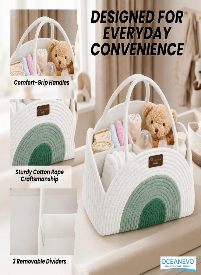 OCEANEVO Diaper Caddy Organizer Bag WITH Luggage Tag | New Born Baby Essentials Storage Cotton Rope Basket with Compartments | For Mothers for Travel - 34 x 28 x 22 Cm - Green - 1 Year Warranty - Image 3