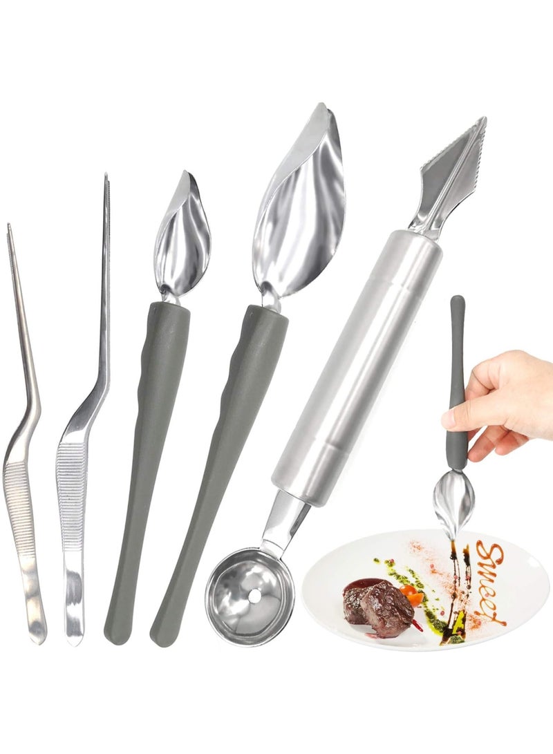 Culinary Drawing Decorating Spoon Set, Professional Chef Drizzle Spoons, Cooking Tweezers u0026 Melon Baller for Plate Presentation, Stainless Steel Kitchen Tools for Gourmet Food Art (5-Piece) - Image 1