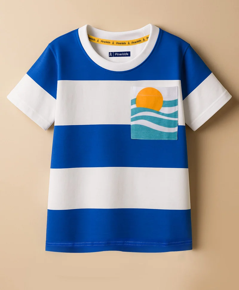 Pine Kids Pine Kids Cotton Knit Half Sleeves T-Shirt With Stripes & Pocket with Beach Print - White & Blue