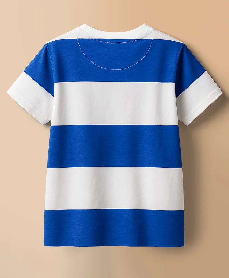 Pine Kids Pine Kids Cotton Knit Half Sleeves T-Shirt With Stripes & Pocket with Beach Print - White & Blue