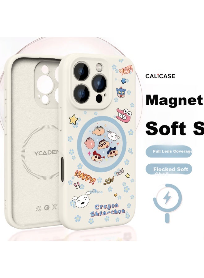 Kelimann Full-coverage Magnetic Liquid Crayon Soft Case For Iphone 16 Pro Max With Lens Protection - Cute Shin-chan Antique White Uni