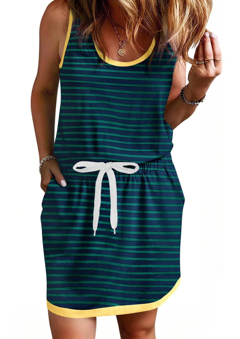 Yousify Resort Wear for Women 2026 Cotton Summer Dresses Green Drawstring Tie Sleeveless Dress with Pockets Green Striped M - Image 4