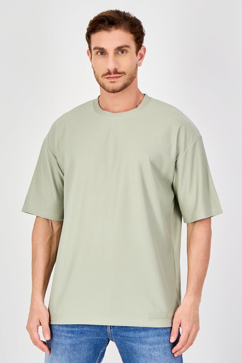 Core Elements Men Crew Neck Short Sleeve Stripe T Shirt, Sage Green - Image 1
