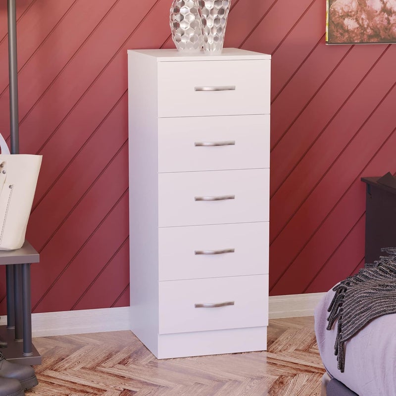 5 Drawer Narrow Chest Tall Bedroom Storage Unit Sliding Drawers Bedroom Furniture (White) - Image 1