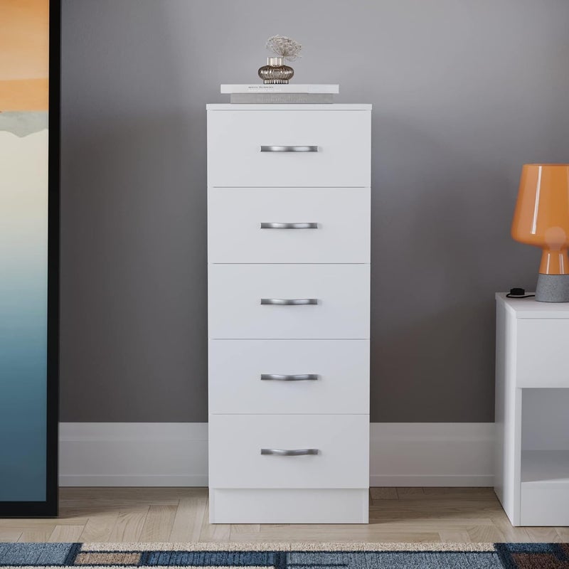 5 Drawer Narrow Chest Tall Bedroom Storage Unit Sliding Drawers Bedroom Furniture (White) - Image 2