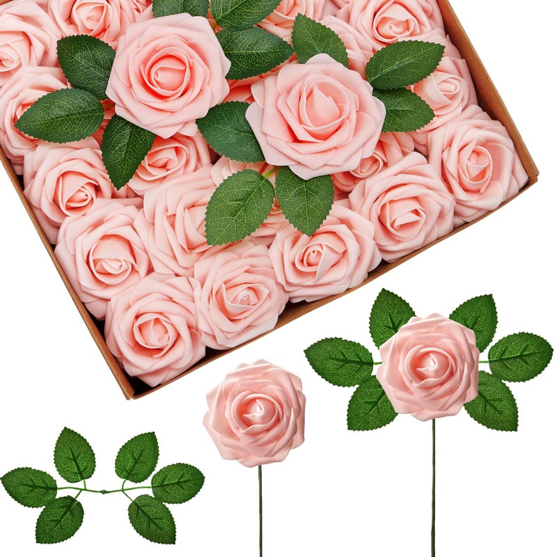 InnoGear Artificial Flowers 50 Pcs Blush Foam Fake Roses Bulk with Stems for Decoration DIY Wedding Bouquets Centerpieces Bridal Shower Party Christmas Tree