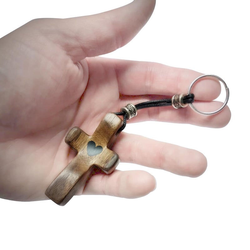 Yookin 2 PCS Cross My Heart | Encouragement Gift Wooden Cross Key Chain Fingertip Stress Relief Gifts Pocket Small Cross Christmas Gift Handheld Wooden Cross Key Chain - Image 2
