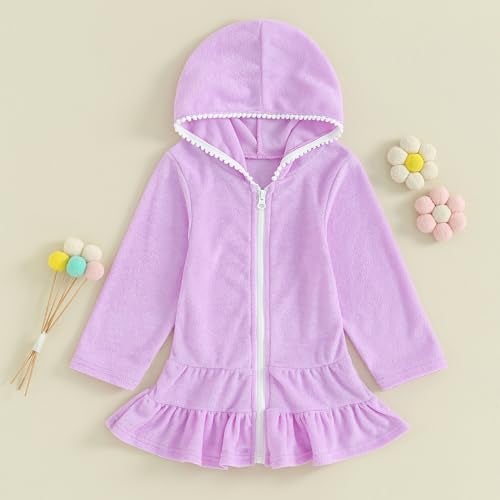 Mubineo Toddler Girl Long Sleeve Swimsuit Beach Dress Cute Cover Ups Ruffle Bathing Suit Cover Up Kimono Kids Swimwear (Purple, 2-3 Years) - Image 2