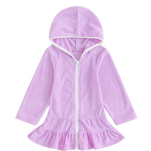 Mubineo Toddler Girl Long Sleeve Swimsuit Beach Dress Cute Cover Ups Ruffle Bathing Suit Cover Up Kimono Kids Swimwear (Purple, 2-3 Years) - Image 1
