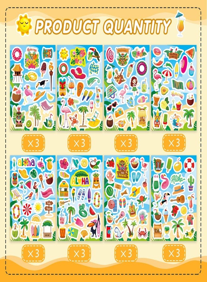 OTAITY 24 Sheets Summer Stickers Beach Hawaii Stickers for Kids Hello Summer Sea Beach Sticke with Sun Ice Cream Pineapple Watermelon Elements, Hawaii Tropical Party Decoration - Image 3
