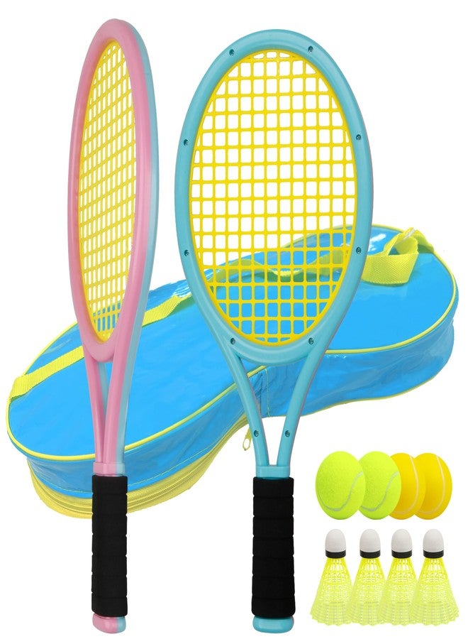 Ppbmocw Toddler Tennis Racket,17inchs Kids Tennis Racket Age 3-15,Kids Tennis Set Include Two Rackets,Four Badminton Shuttlecocks,Two Tennis Balls,Two Sponge Balls and A Carrying Bag(Blue&Pink) - Image 1