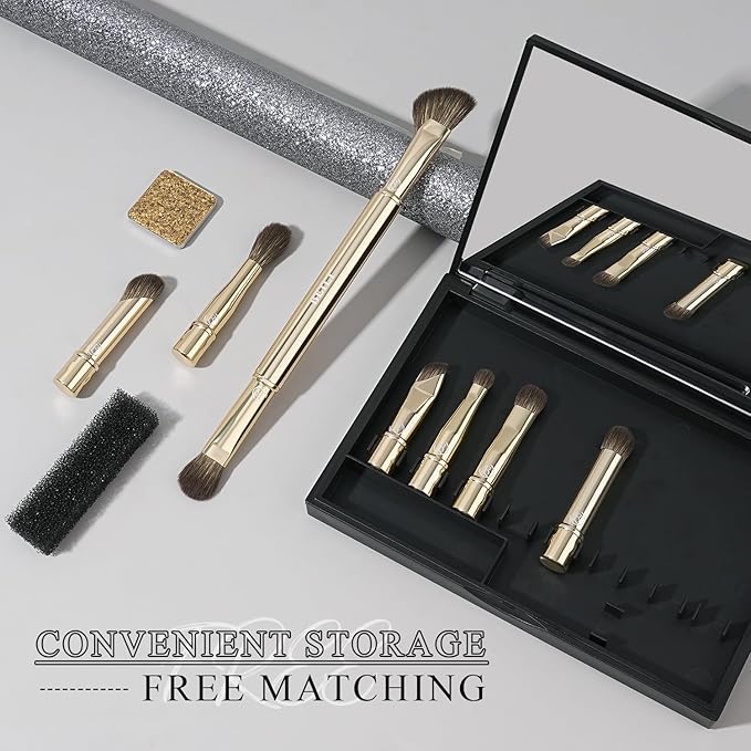 BEILI Travel Eye Makeup Brushes Set 8pcs Removable Double Sided Makeup Brush with Mirror Box Removal Cleaner Sponge Silver