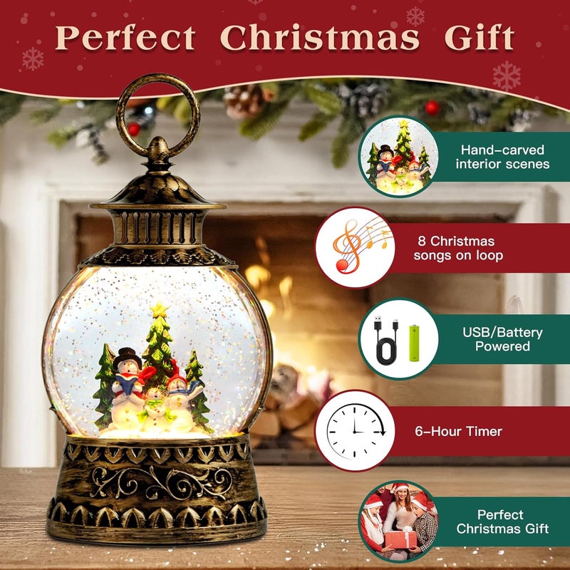 Aixuler Christmas Snowman Snow Globe, Snowman Musical Snow Globe Lantern Lights with 6H Timer Battery & USB Powered, Retro Style Holiday Glitter Globe for Xmas Home Decoration Holiday Party Gifts - Image 2