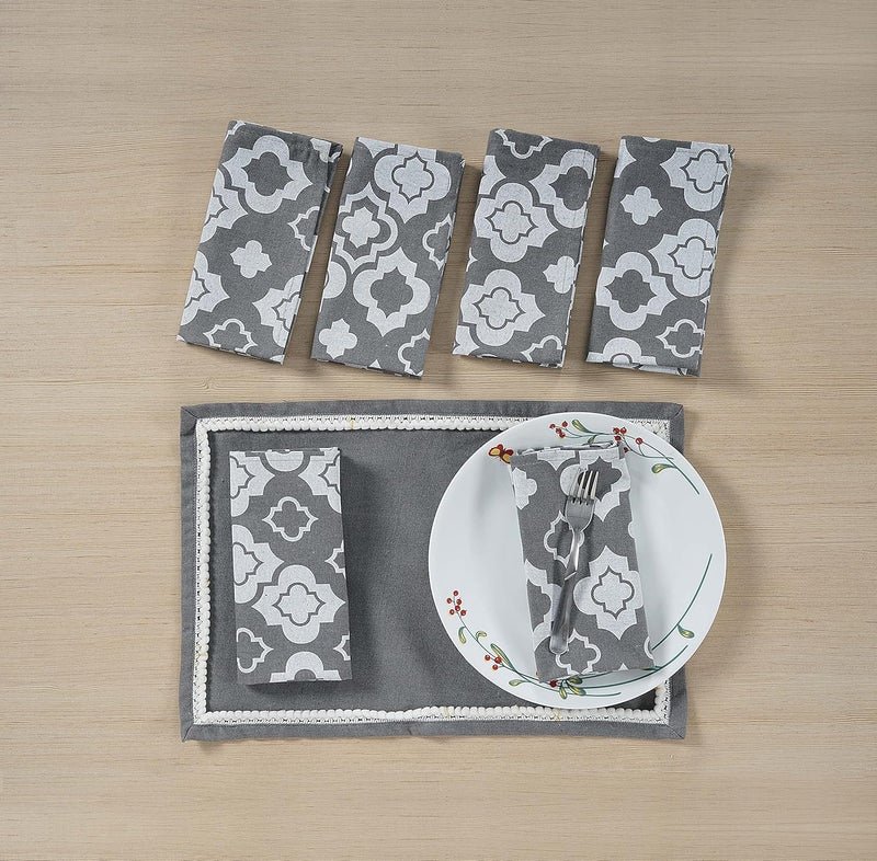 Swayam Grey,White 100% Cotton Gharana Dinner Napkin Set of 6 pcs - Image 1