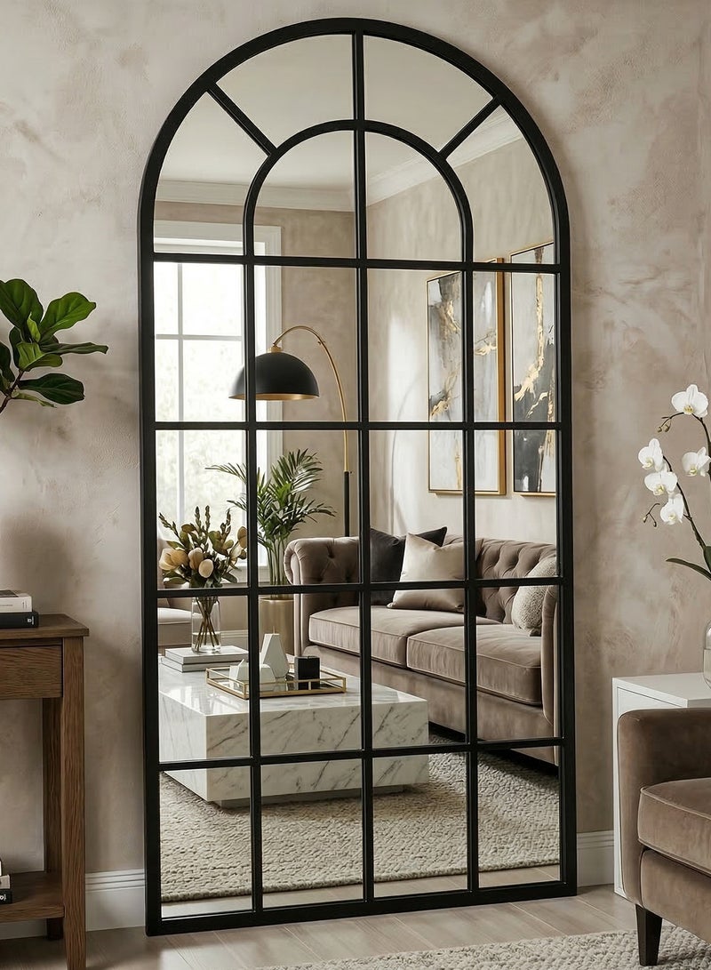 M-Smart Elegant Design Extra Large Mirror 180x80cm - Black Metal Frame With Window Design Divided by Black Lines,  Modern Arched Window Design Decorative Mirror for Living Room, Bedroom and Home Entryway - Image 1