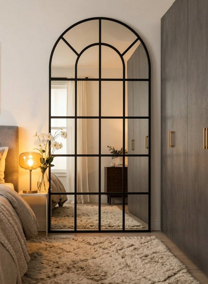 M-Smart Elegant Design Extra Large Mirror 180x80cm - Black Metal Frame With Window Design Divided by Black Lines,  Modern Arched Window Design Decorative Mirror for Living Room, Bedroom and Home Entryway - Image 4