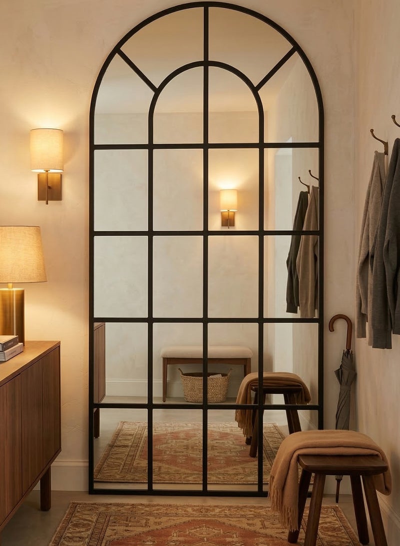 M-Smart Elegant Design Extra Large Mirror 180x80cm - Black Metal Frame With Window Design Divided by Black Lines,  Modern Arched Window Design Decorative Mirror for Living Room, Bedroom and Home Entryway - Image 3